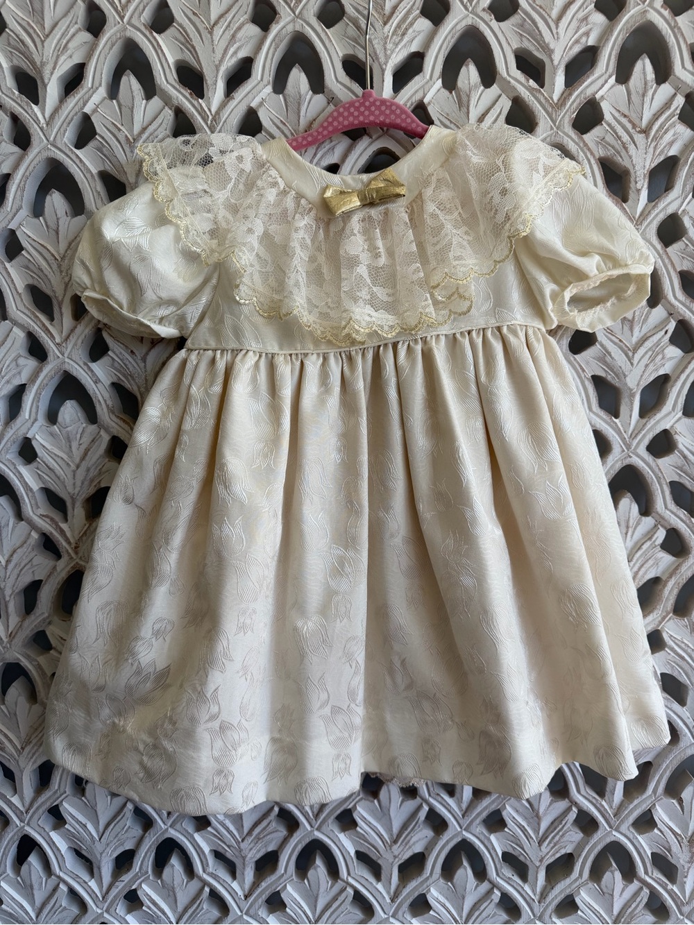 Vintage Little Star Girls 2T Ivory Lace Gold Bow Holiday Dress